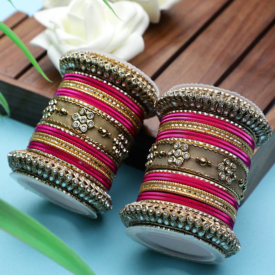 One Hand Multi-Colored Velvet Textured Bangle Set Pink-Golden All Bangle Sets T4 Jewels