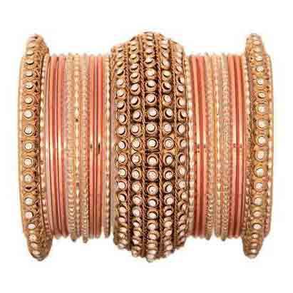 T4 Jewels Golden Chakri shining bangle set for women Peach All Bangle Sets T4 Jewels