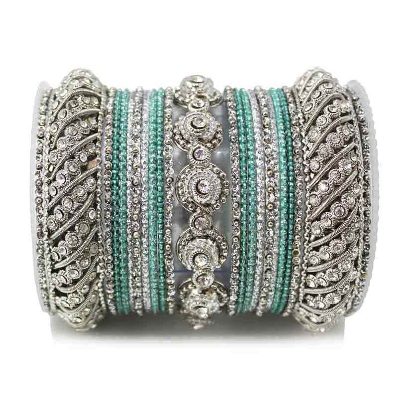 Traditional Colored Textured Bangle Set For Single Hand Pista-Silver All Bangle Sets T4 Jewels