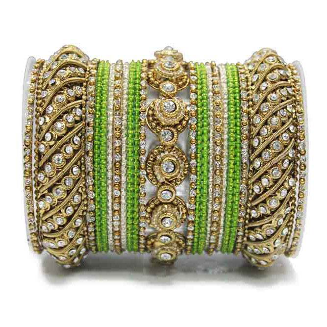 Traditional Colored Textured Bangle Set For Single Hand Golden-Green All Bangle Sets T4 Jewels