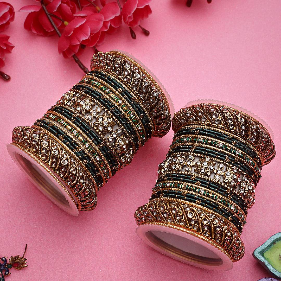 Set of 2 Traditional Colored Silk Thread Bangle Set Green All Bangle Sets T4 Jewels