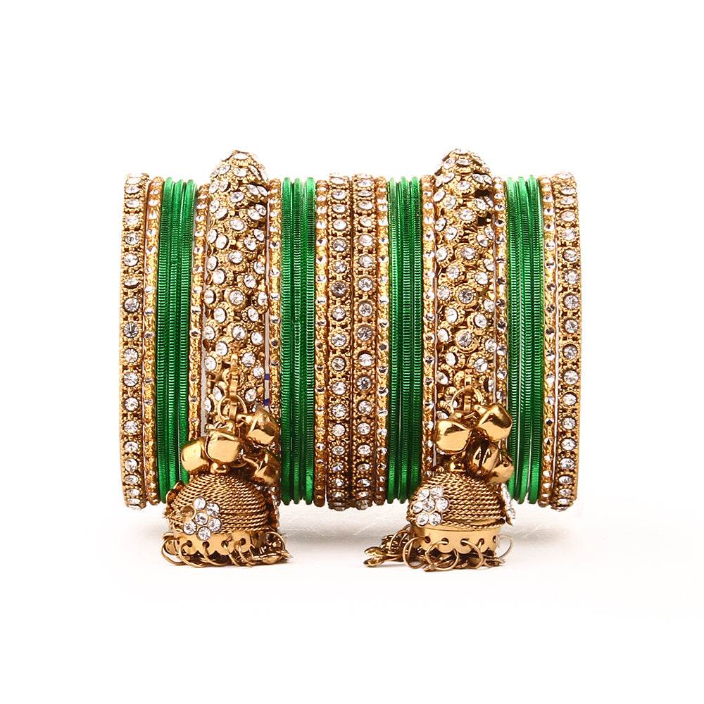 Traditional Shining Jhumki Bangle Set For Two Hands By T4 Jewels Green All Bangle Sets T4 Jewels