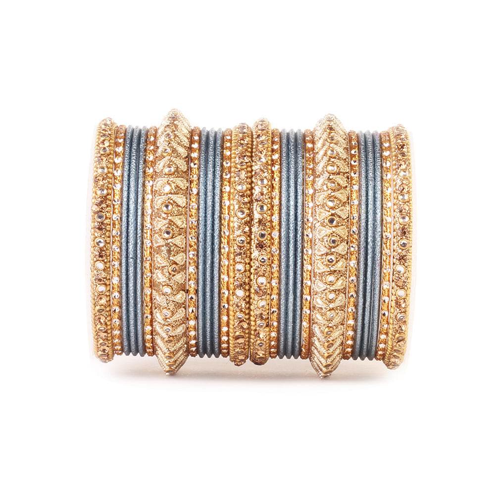 Traditional Colored Kundan Work Bangle Set For Two Hands Grey All Bangle Sets T4 Jewels