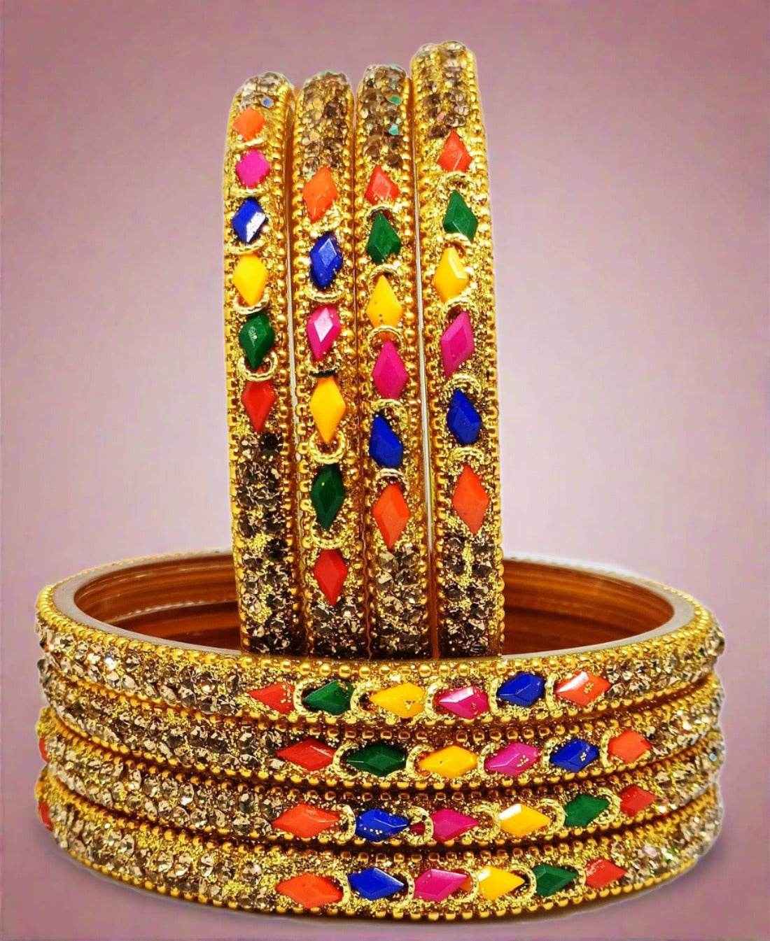 T4 Jewels (Large Size) Red, Green MultiColor Glass Kada Bangles (Pack Of 8)-NLKNTH Multi Large Size Bangles T4 Jewels