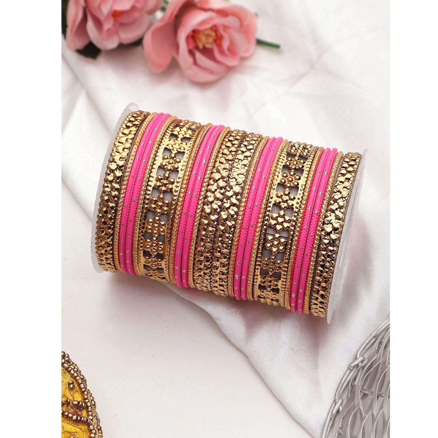 Colored Daily Wear Bangle Set With Flower Jaali Work Rose All Bangle Sets T4 Jewels