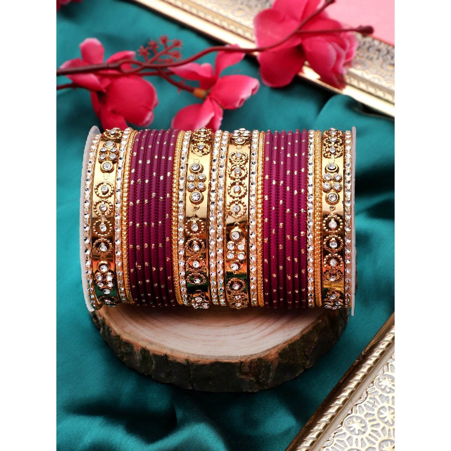 Traditional Bangle Set With Golden Dotted Bangles BY T4 Jewels Purple All Bangle Sets T4 Jewels