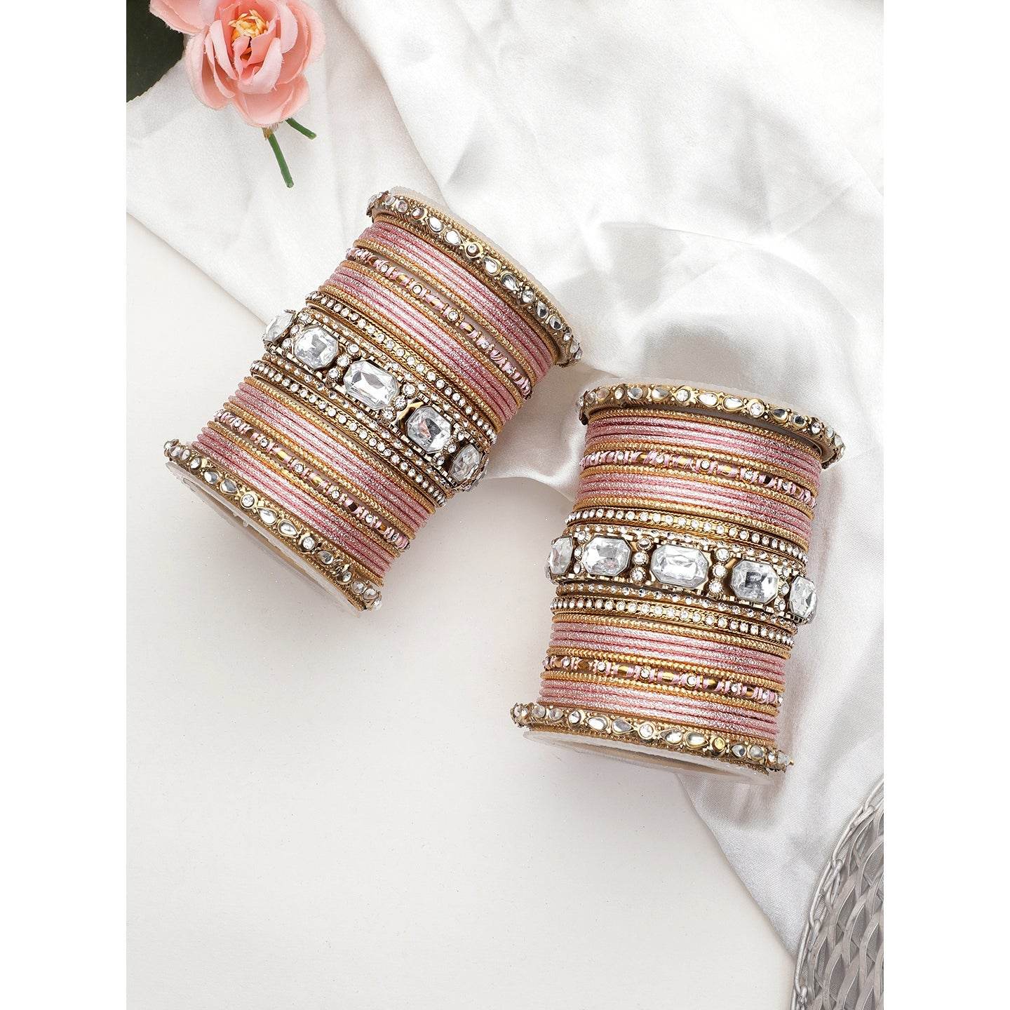 Set of 2 Beautiful Colored Bangle Set With Big Kundan Stone Pink All Bangle Sets T4 Jewels