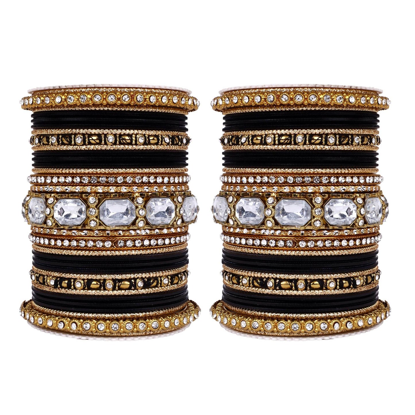 Set of 2 Beautiful Colored Bangle Set With Big Kundan Stone Black All Bangle Sets T4 Jewels