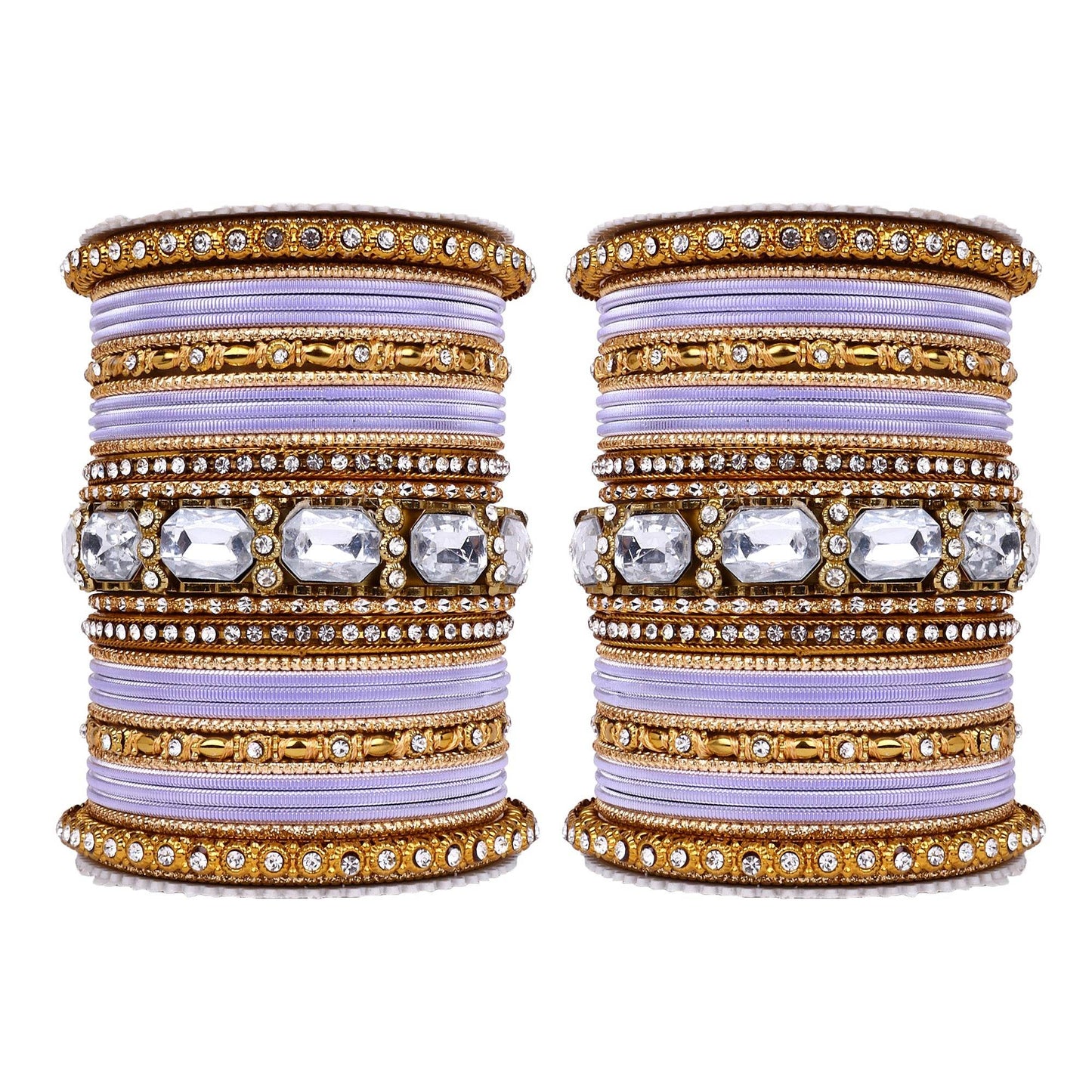 Set of 2 Beautiful Colored Bangle Set With Big Kundan Stone Lavender All Bangle Sets T4 Jewels