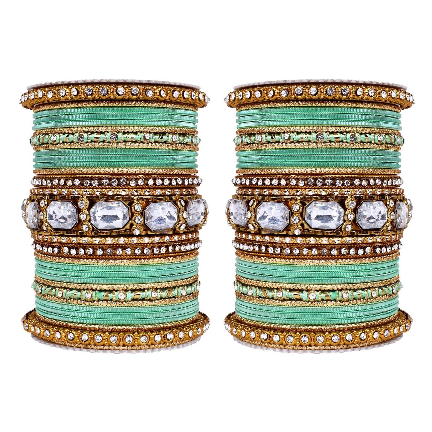 Set of 2 Beautiful Colored Bangle Set With Big Kundan Stone Pista All Bangle Sets T4 Jewels
