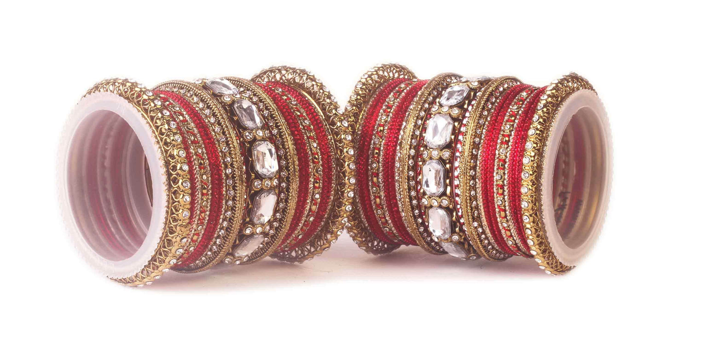 Set of 2 Beautiful Colored Bangle Set With Big Kundan Stone Red All Bangle Sets T4 Jewels