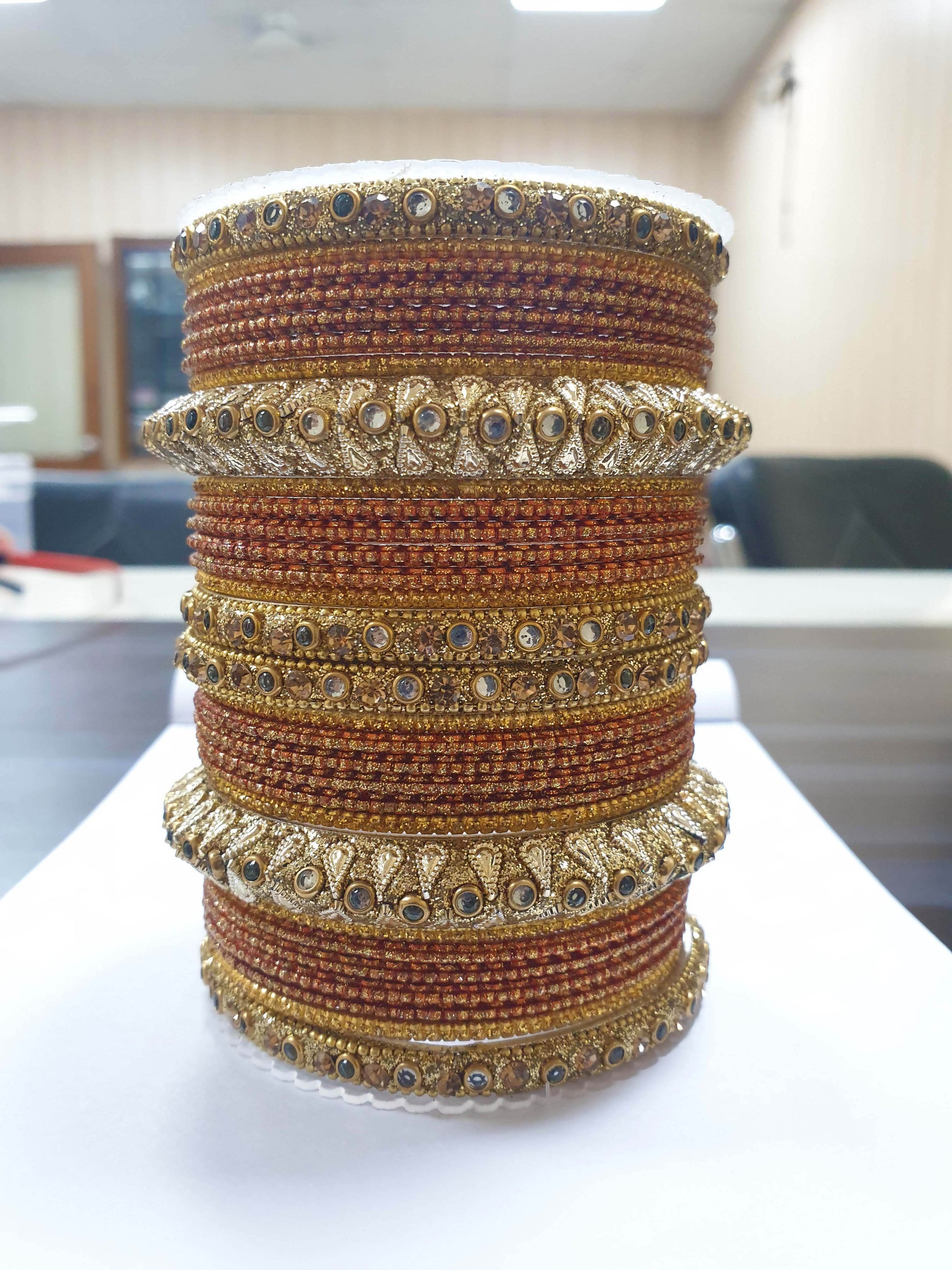 Traditional Colored Kundan Work Bangle Set For Two Hands Orange All Bangle Sets T4 Jewels