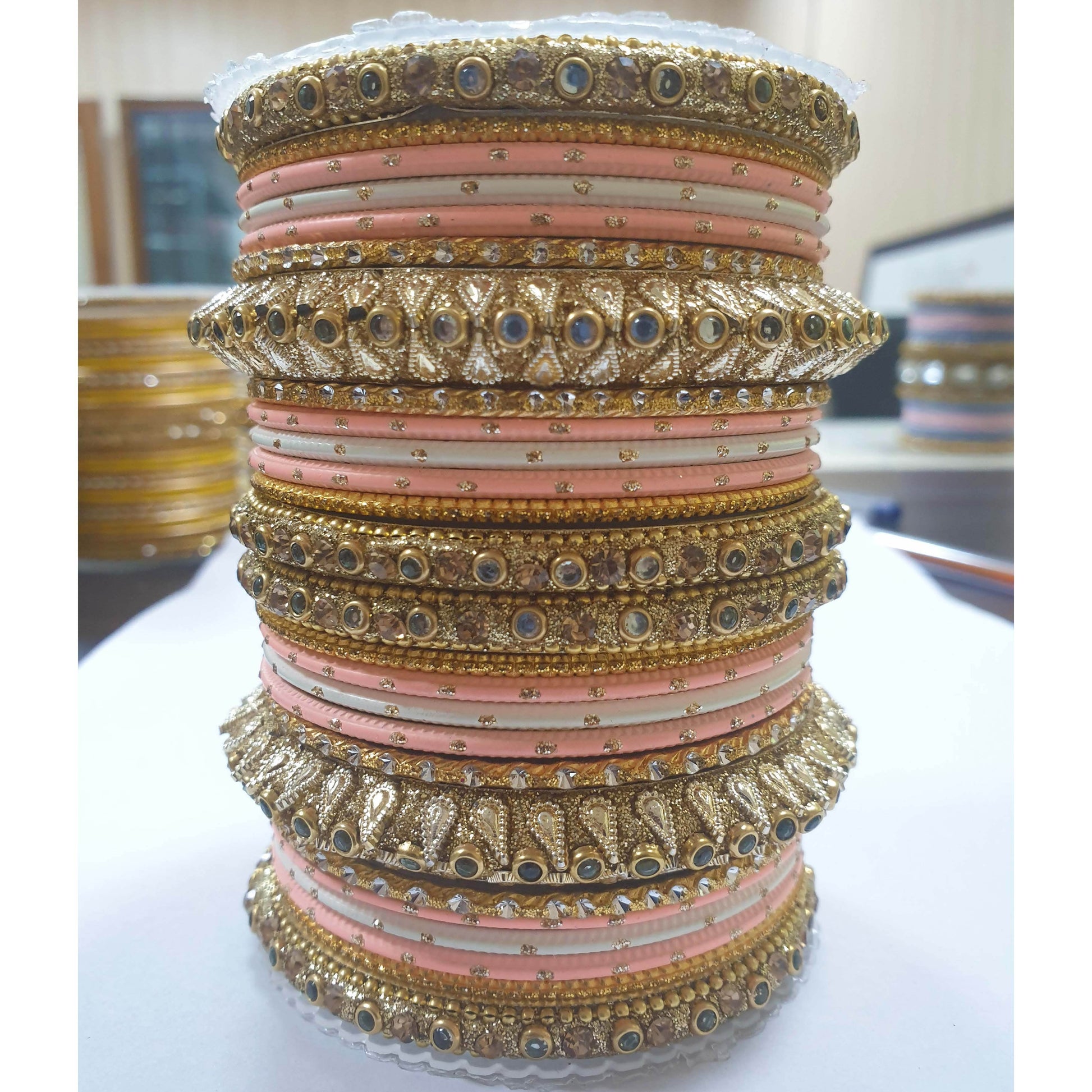 Traditional Colored Kundan Work Bangle Set For Two Hands Peach-White All Bangle Sets T4 Jewels