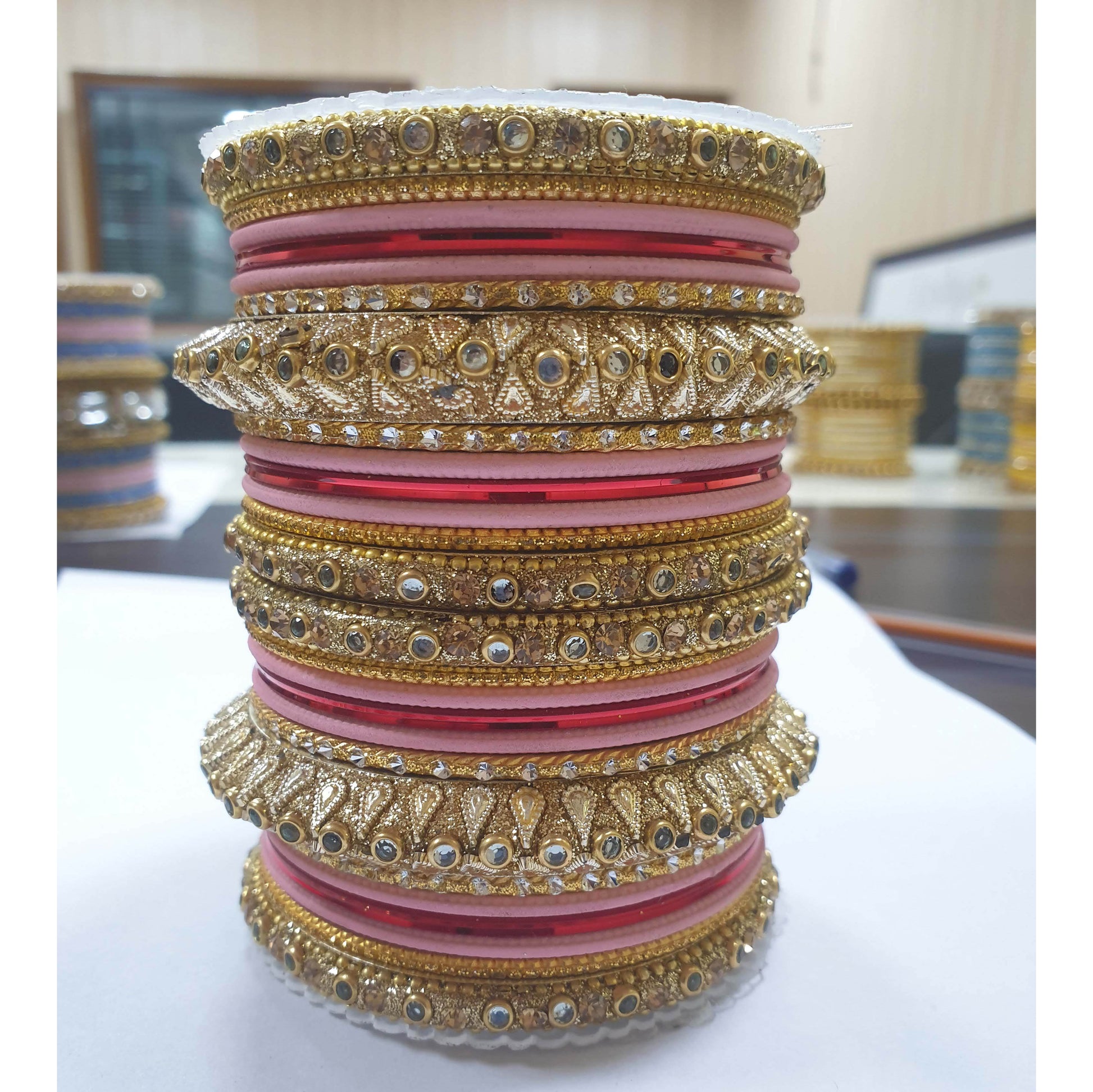 Traditional Colored Kundan Work Bangle Set For Two Hands Pink-Maroon All Bangle Sets T4 Jewels