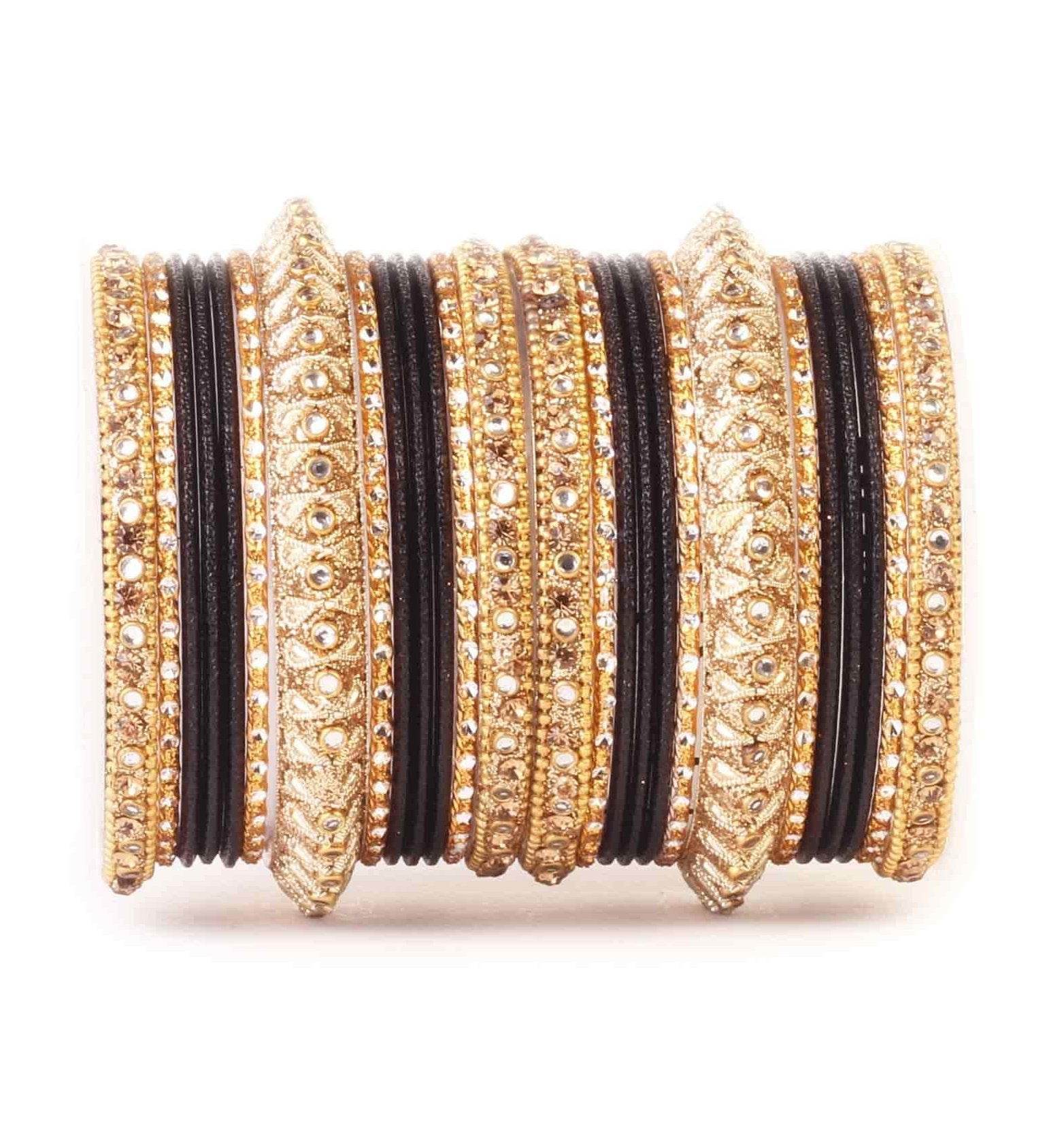 Traditional Colored Kundan Work Bangle Set For Two Hands Black All Bangle Sets T4 Jewels