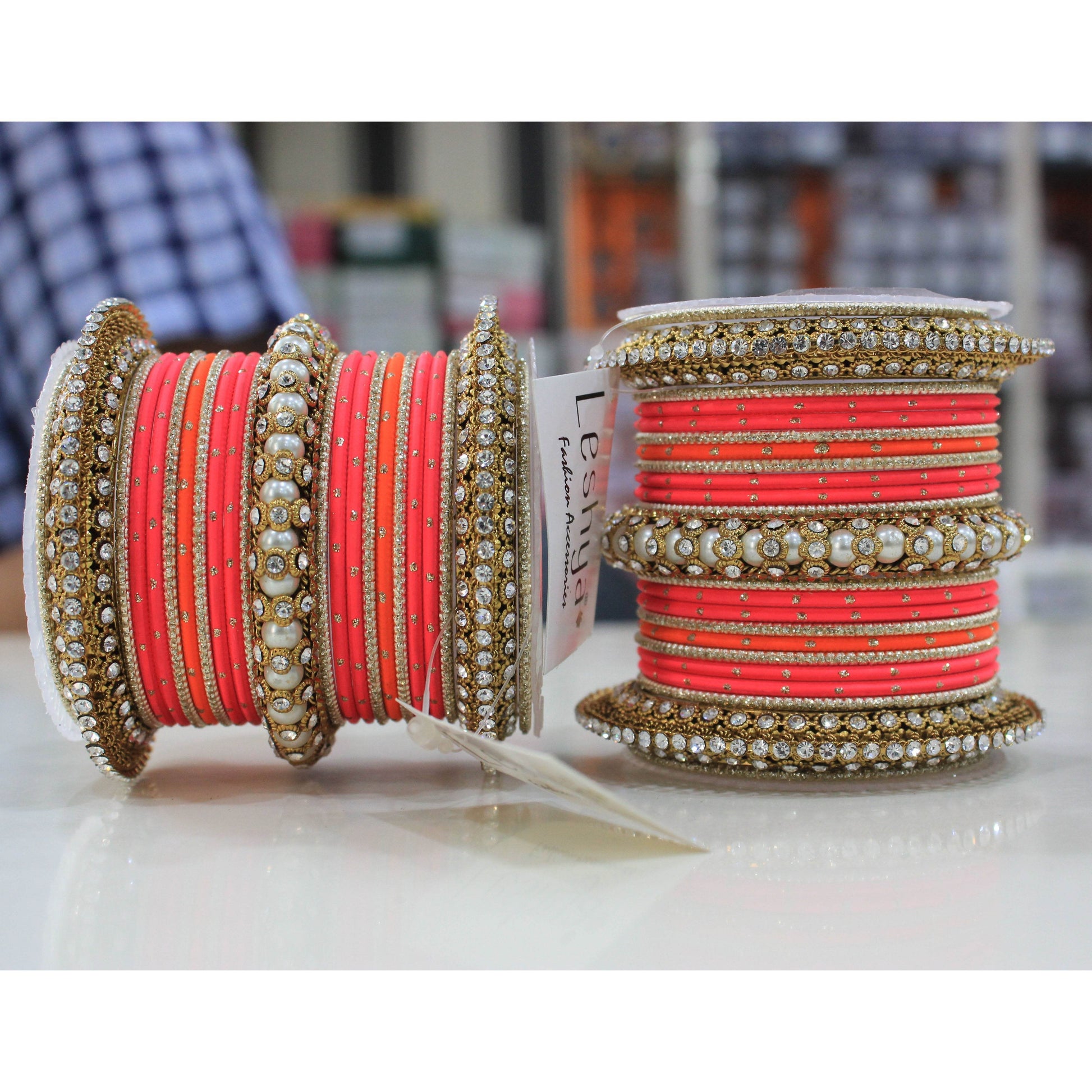 Set of 2 Traditional Multi-Colored Pearl Chakri Bangle Set Rose Orange All Bangle Sets T4 Jewels