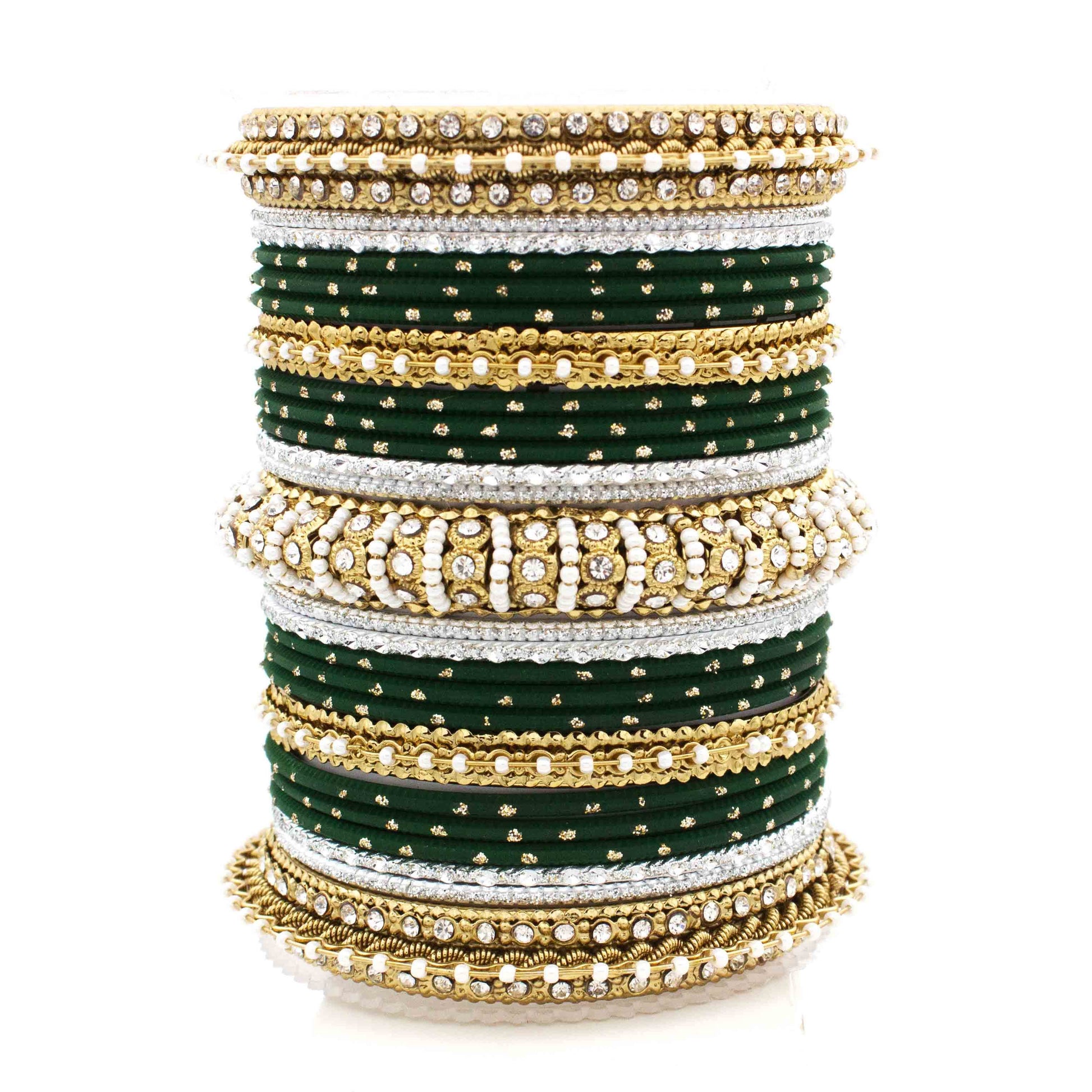 Beautiful Dotted Bangle And Pearl Bangle Set Dark Green All Bangle Sets T4 Jewels