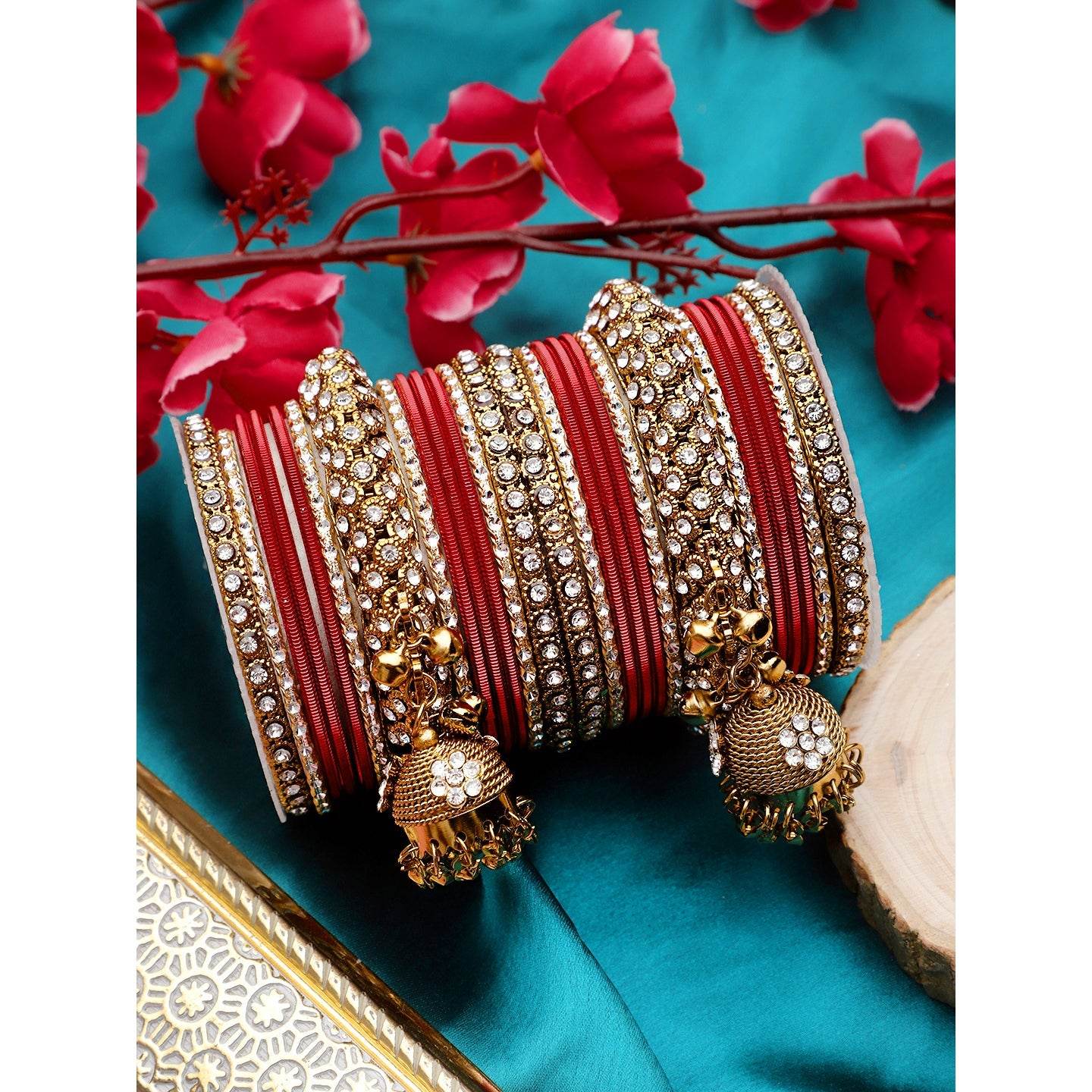 Traditional Shining Jhumki Bangle Set For Two Hands By T4 Jewels Red All Bangle Sets T4 Jewels