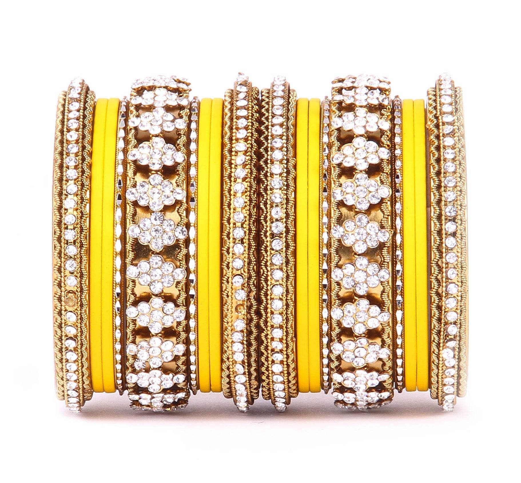 Stylish Matte Finish And Running Stone Pattern Bangle Set Yellow All Bangle Sets T4 Jewels