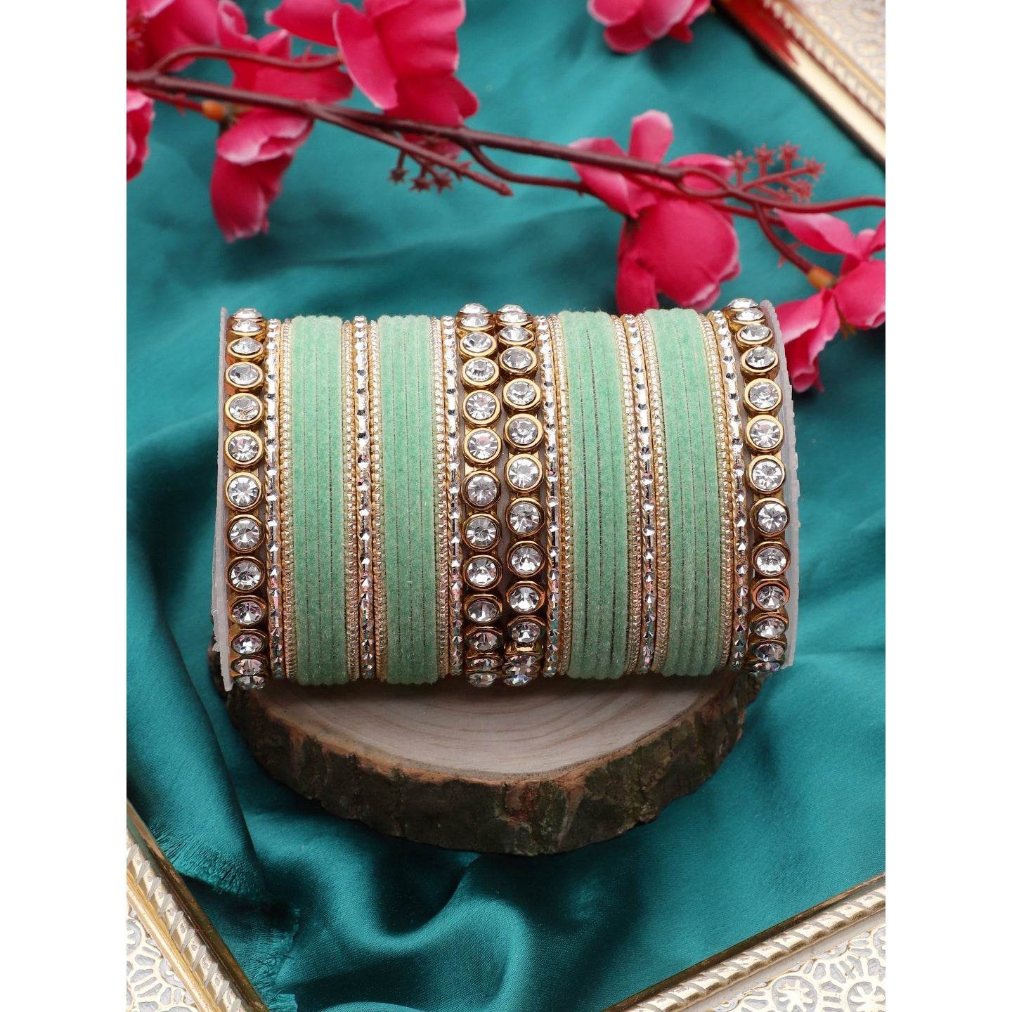 Traditional Velvet Bangle Set by T4 Jewels with Stone Kadas for Women Mint All Bangle Sets T4 Jewels