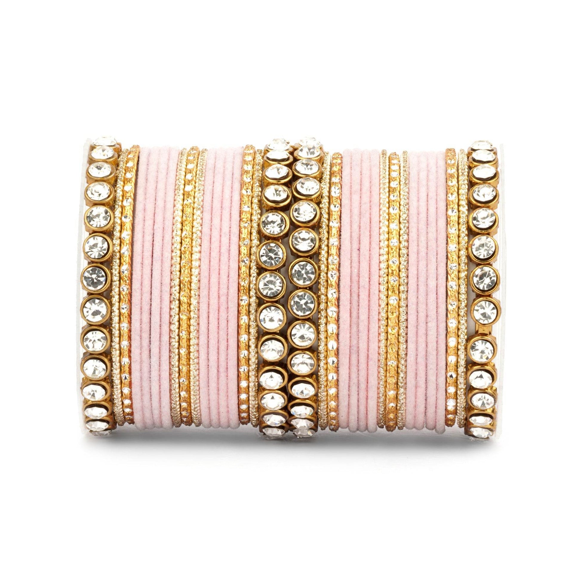 Traditional Velvet Bangle Set by T4 Jewels with Stone Kadas for Women Baby Pink All Bangle Sets T4 Jewels