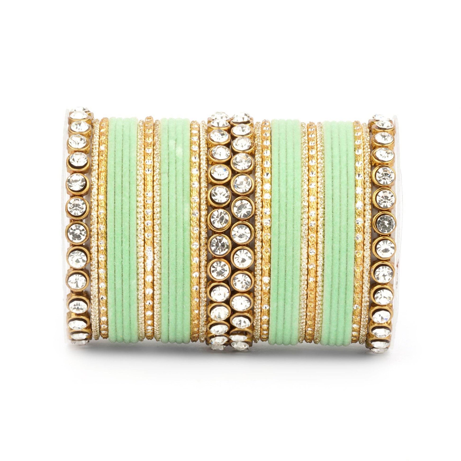 Traditional Velvet Bangle Set by T4 Jewels with Stone Kadas for Women Green All Bangle Sets T4 Jewels