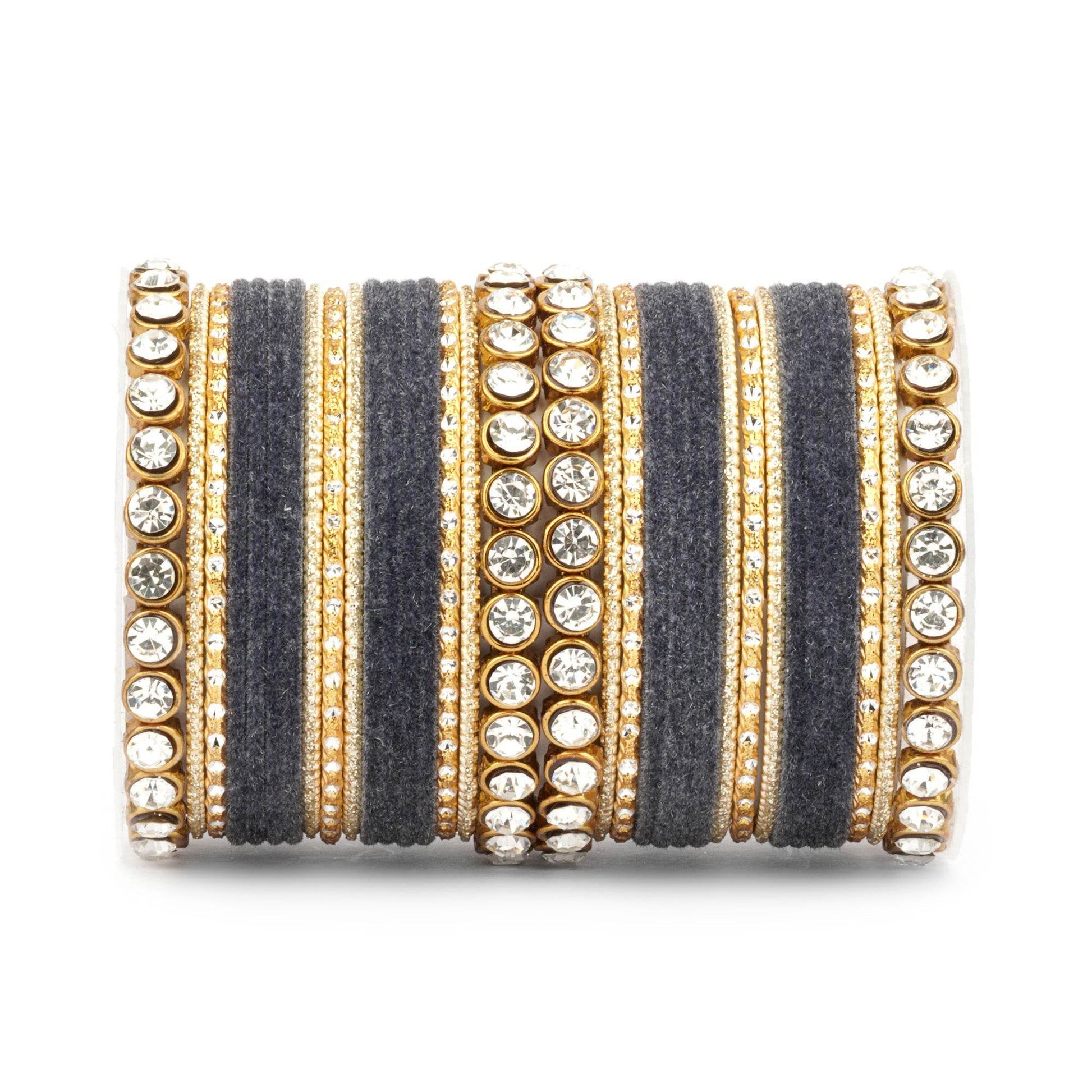 Traditional Velvet Bangle Set by T4 Jewels with Stone Kadas for Women Grey All Bangle Sets T4 Jewels