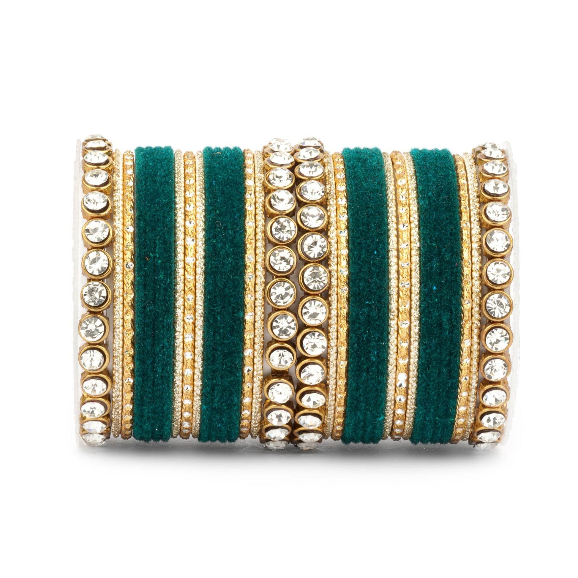 Traditional Velvet Bangle Set by T4 Jewels with Stone Kadas for Women Rama green All Bangle Sets T4 Jewels