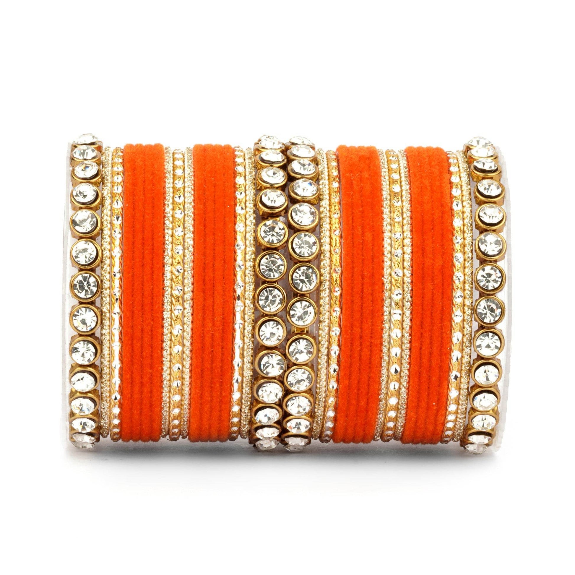 Traditional Velvet Bangle Set by T4 Jewels with Stone Kadas for Women Orange All Bangle Sets T4 Jewels