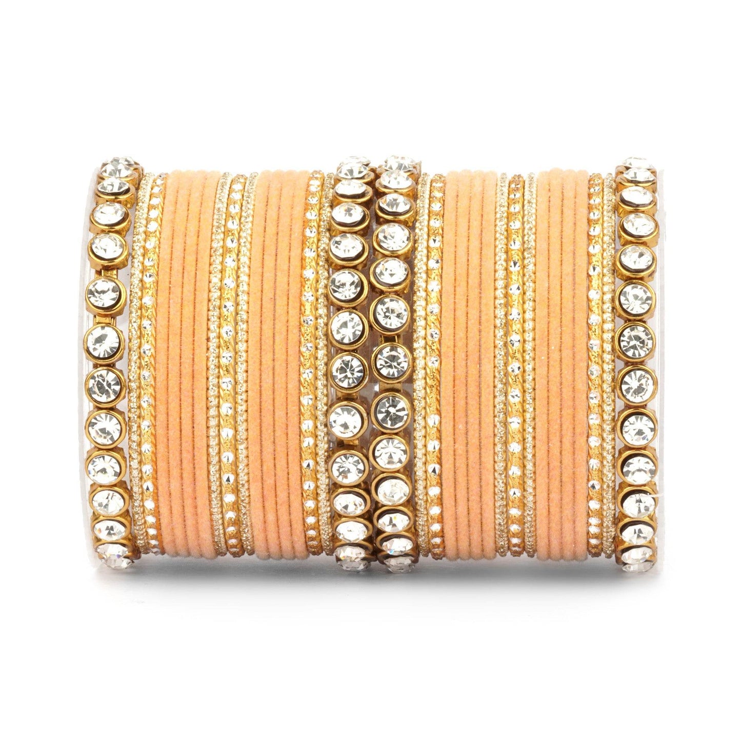 Traditional Velvet Bangle Set by T4 Jewels with Stone Kadas for Women Peach All Bangle Sets T4 Jewels