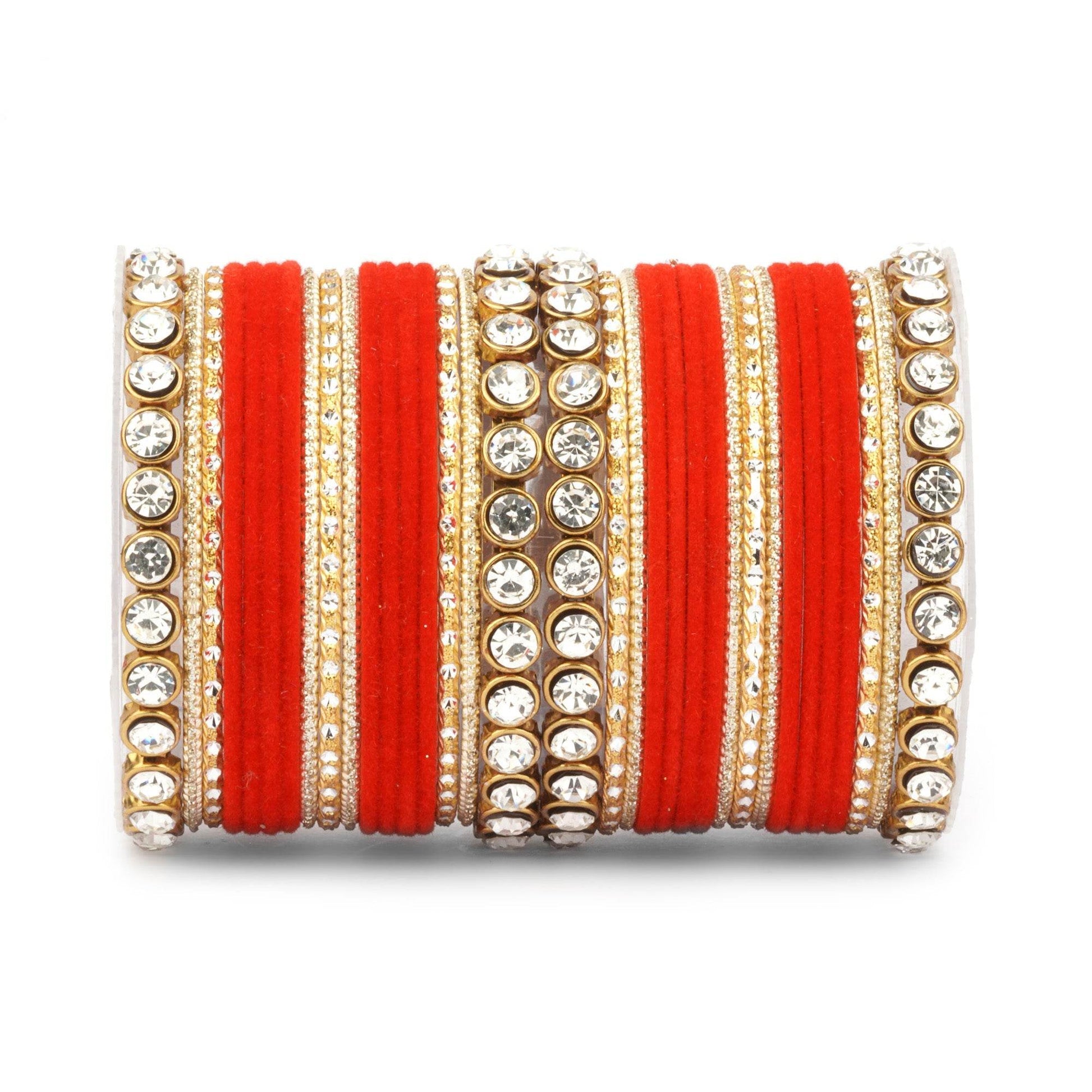 Traditional Velvet Bangle Set by T4 Jewels with Stone Kadas for Women Red All Bangle Sets T4 Jewels