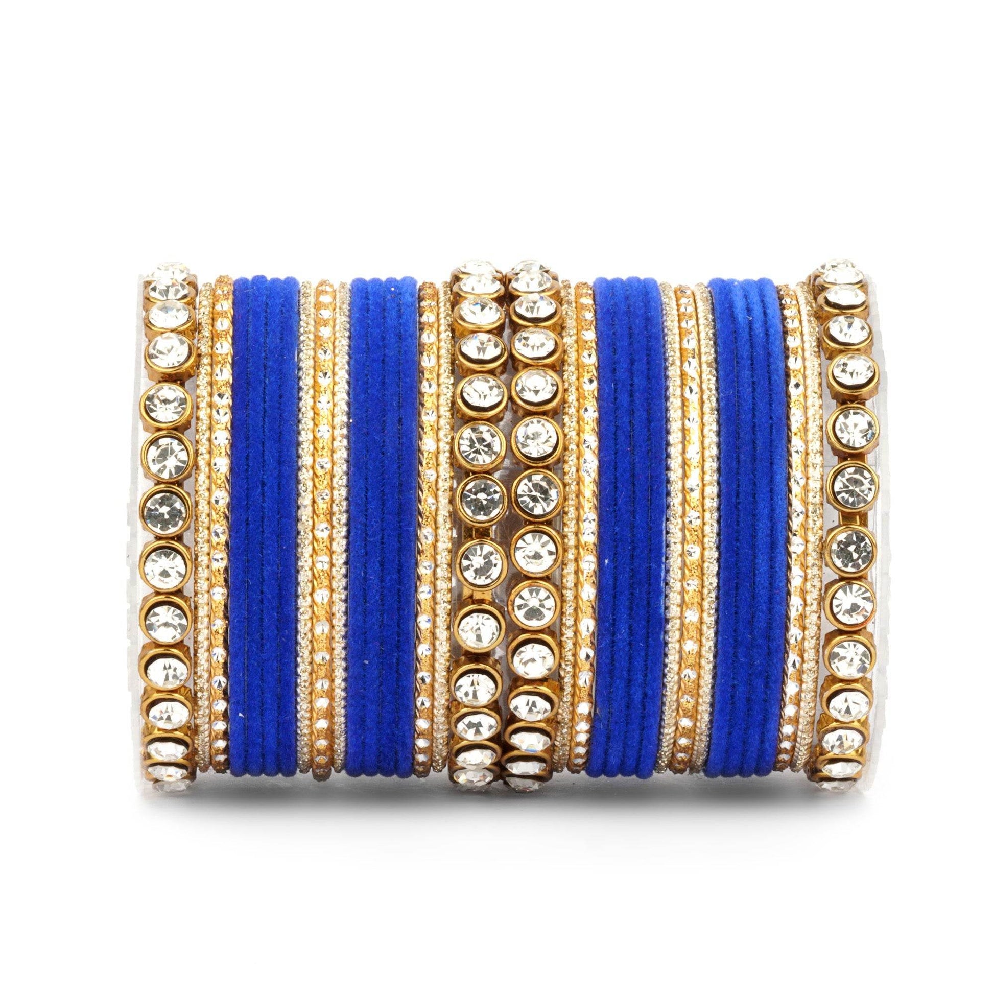 Traditional Velvet Bangle Set by T4 Jewels with Stone Kadas for Women Royal Blue All Bangle Sets T4 Jewels