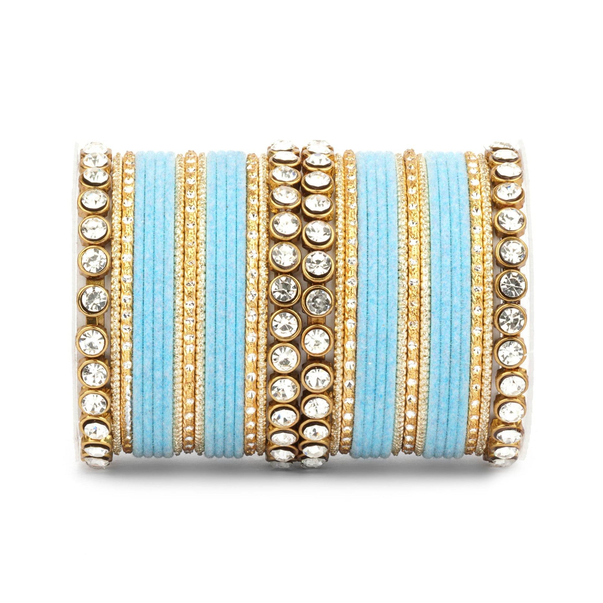 Traditional Velvet Bangle Set by T4 Jewels with Stone Kadas for Women Sky Blue All Bangle Sets T4 Jewels