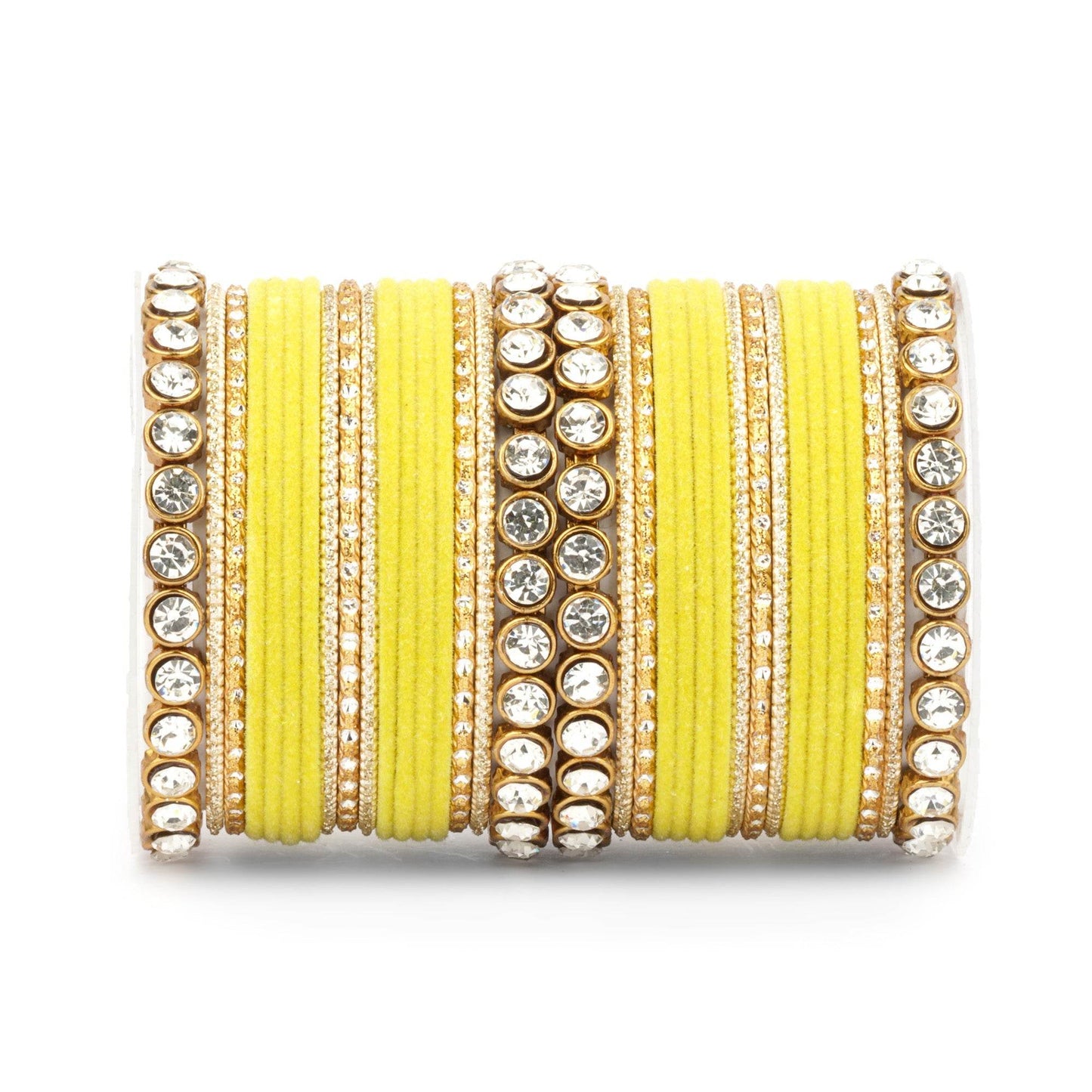 Traditional Velvet Bangle Set by T4 Jewels with Stone Kadas for Women Yellow All Bangle Sets T4 Jewels