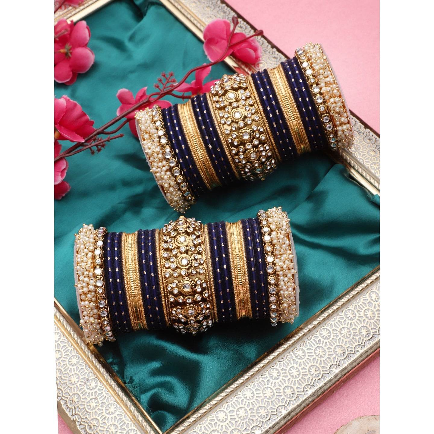 Traditional long bridal set by T4 Jewels for both hands Blue All Bangle Sets T4 Jewels