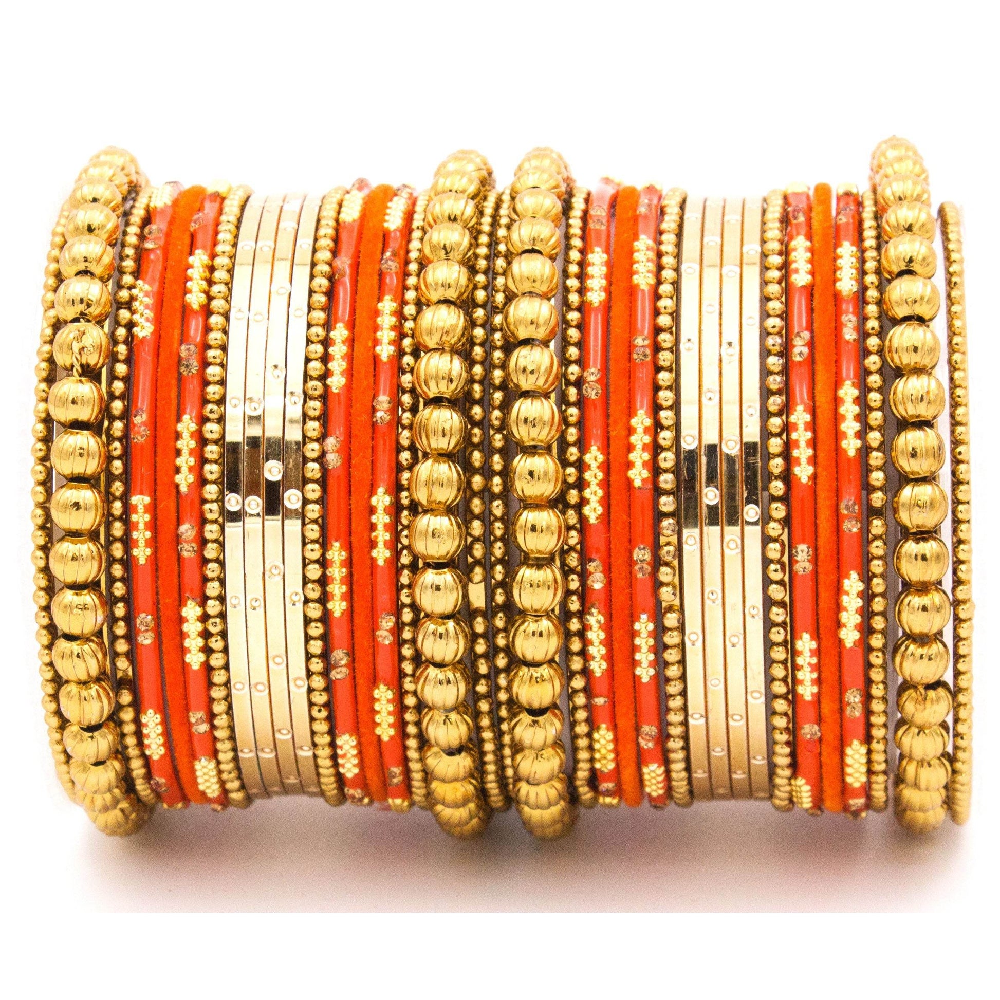 Traditional bangle set for two hands with velvet and meenakari bangles by T4 Jewels Orange All Bangle Sets T4 Jewels