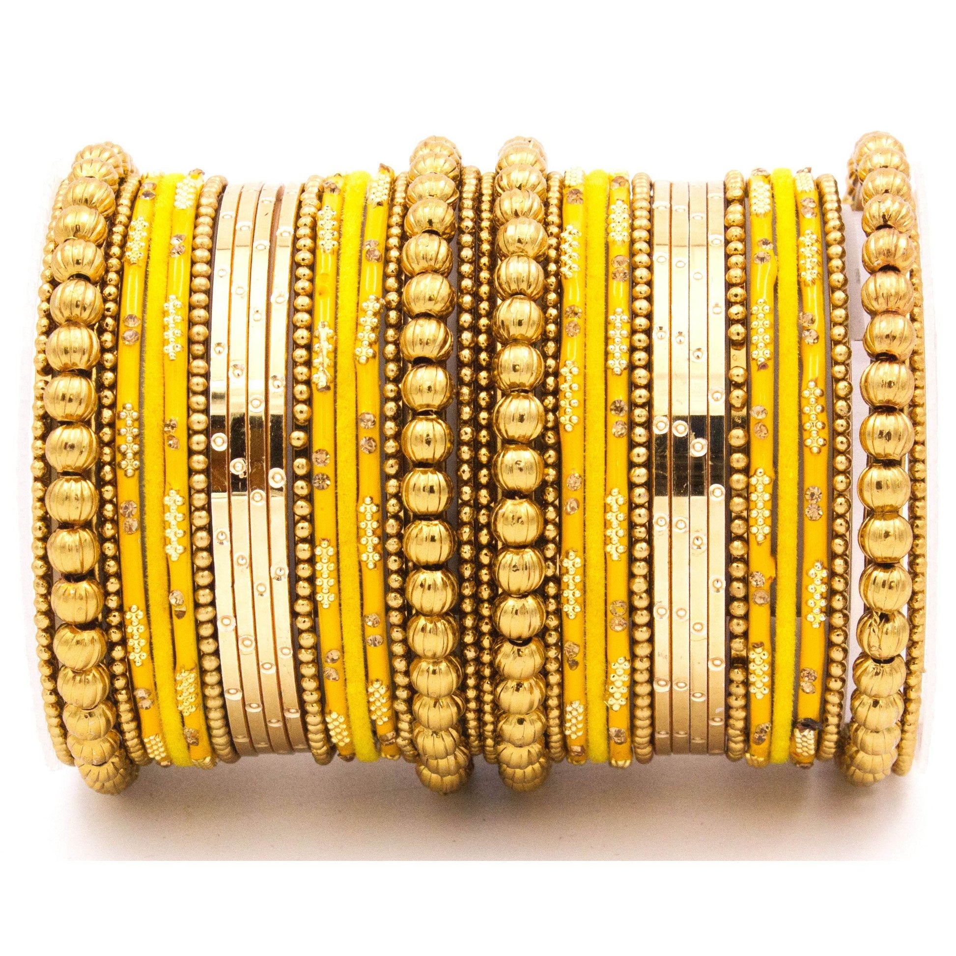 Traditional bangle set for two hands with velvet and meenakari bangles by T4 Jewels Yellow All Bangle Sets T4 Jewels