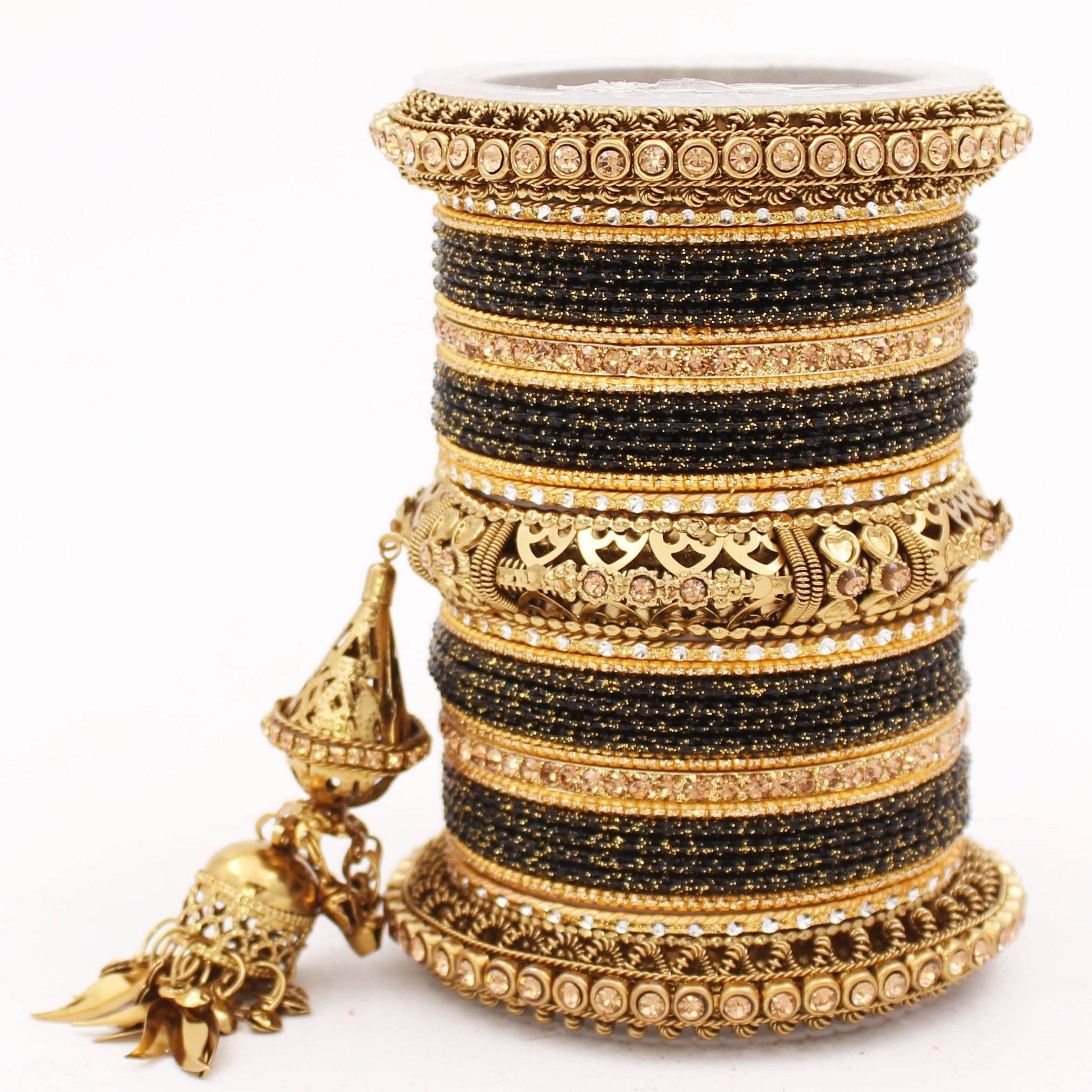 Antique Jhumki Latkan Bangle set for Women by T4 Jewels Black All Bangle Sets T4 Jewels
