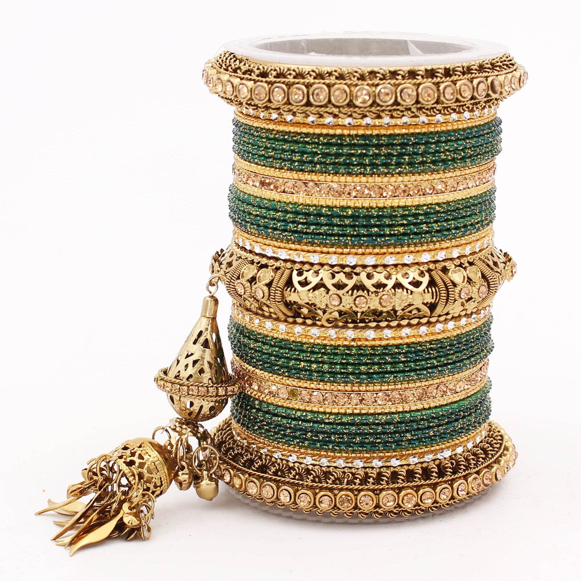 Antique Jhumki Latkan Bangle set for Women by T4 Jewels Green All Bangle Sets T4 Jewels