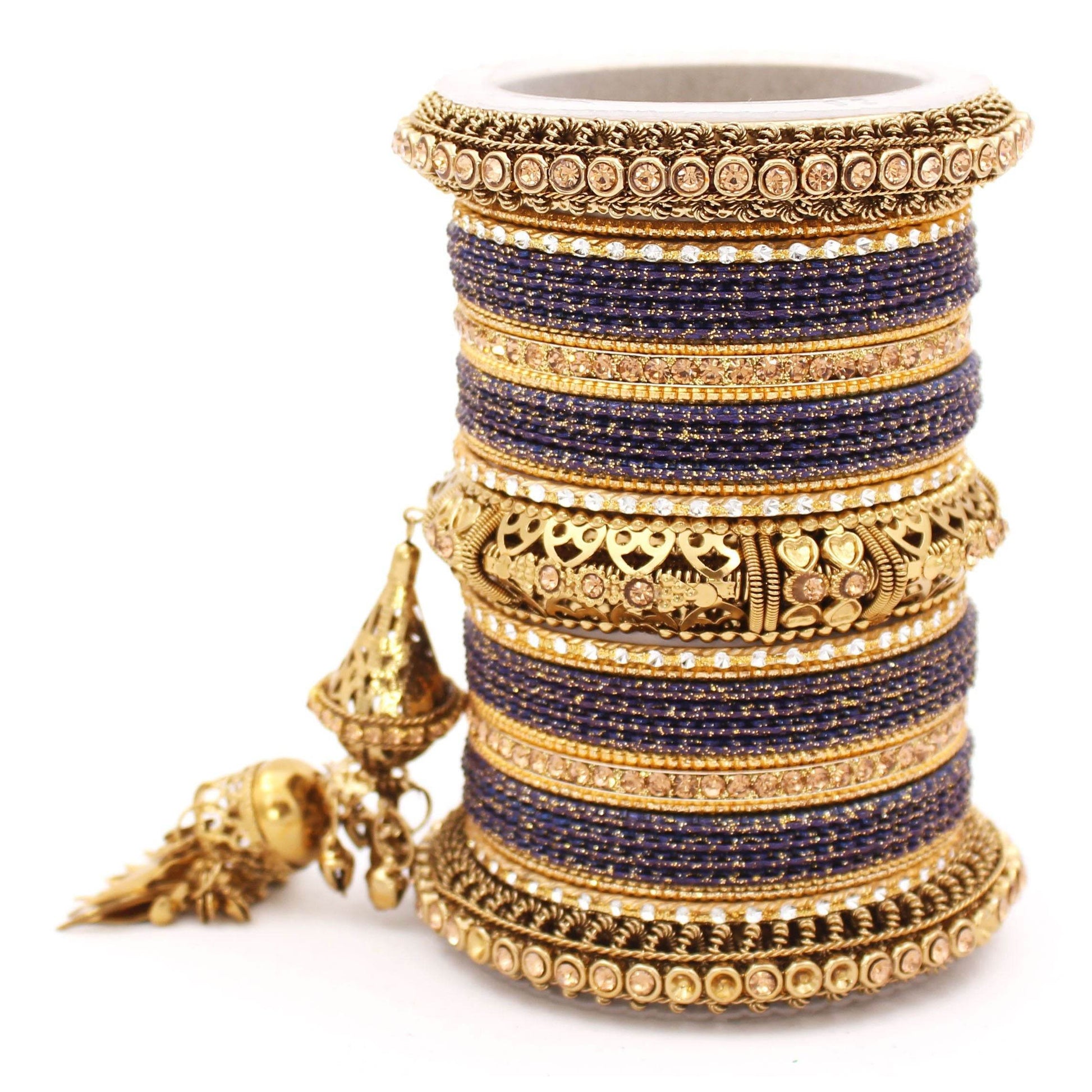 Antique Jhumki Latkan Bangle set for Women by T4 Jewels Navy Blue All Bangle Sets T4 Jewels