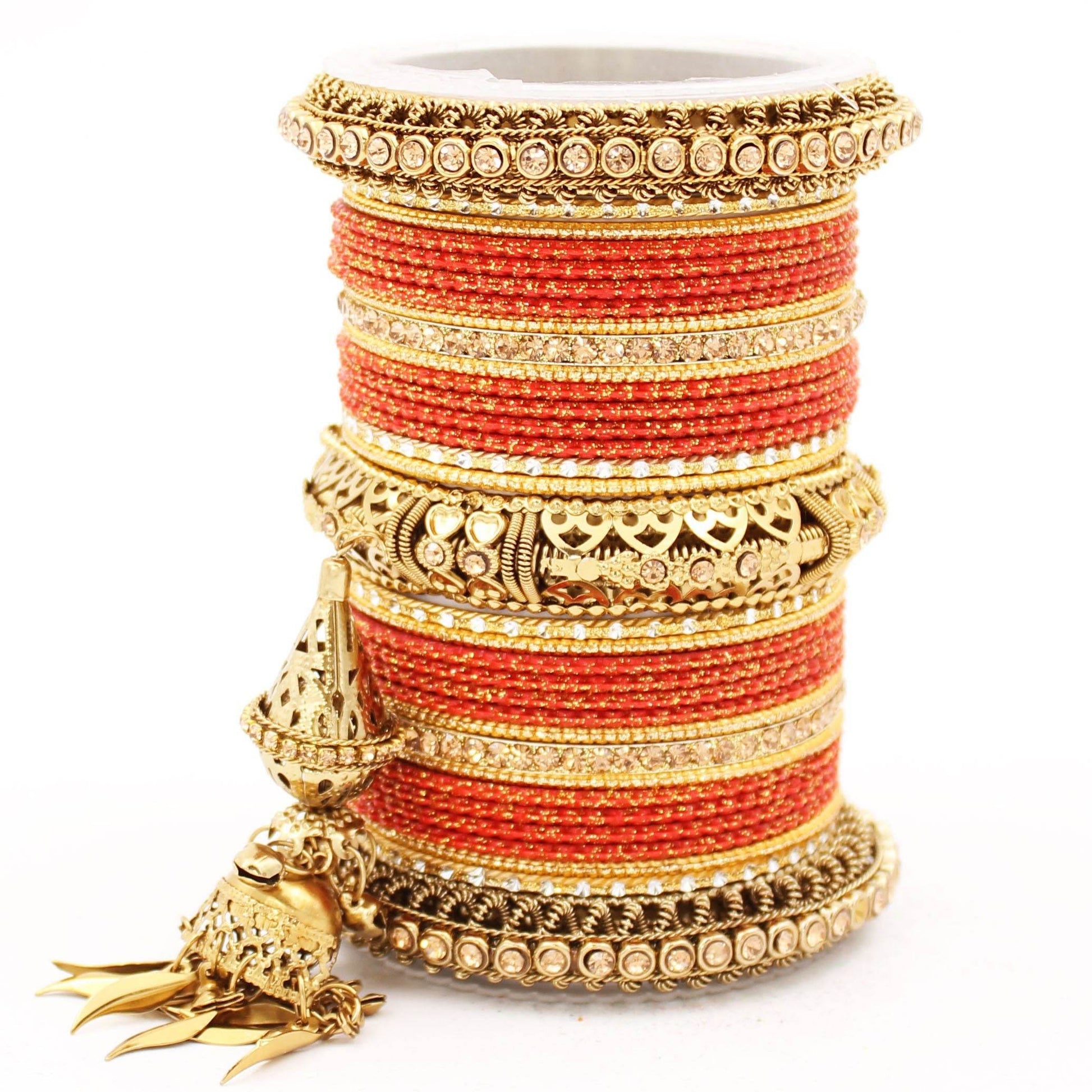 Antique Jhumki Latkan Bangle set for Women by T4 Jewels Orange All Bangle Sets T4 Jewels