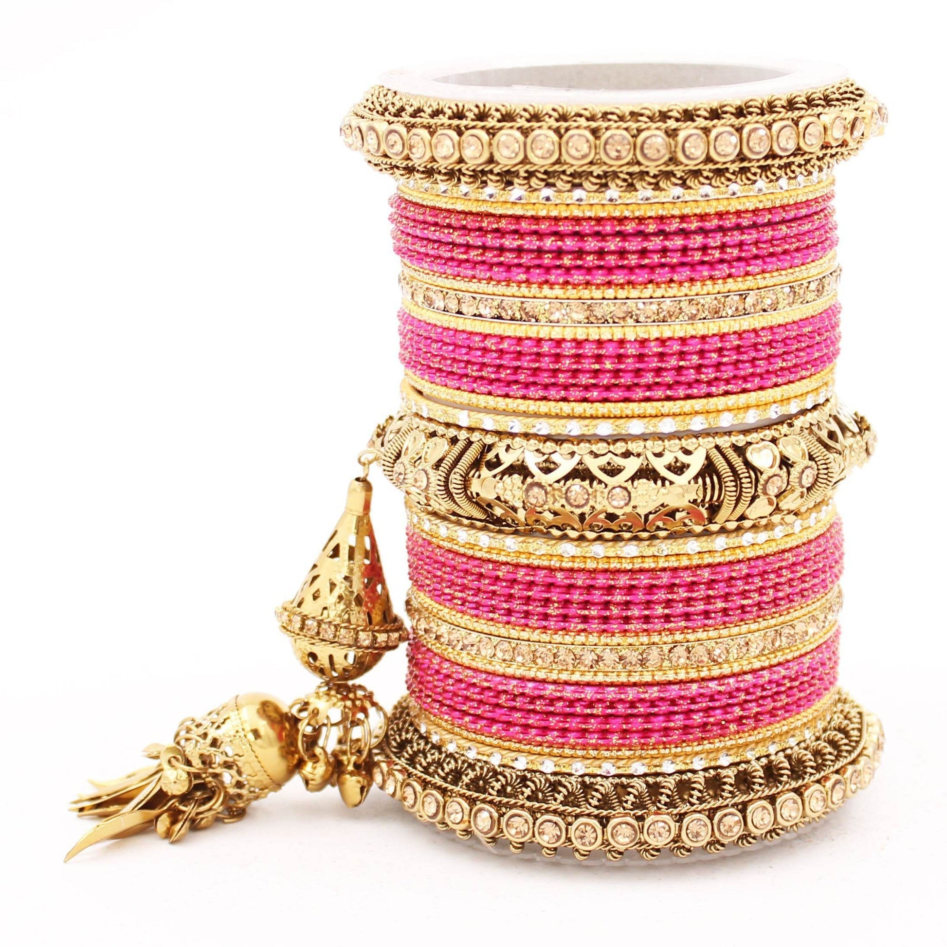 Antique Jhumki Latkan Bangle set for Women by T4 Jewels Pink All Bangle Sets T4 Jewels