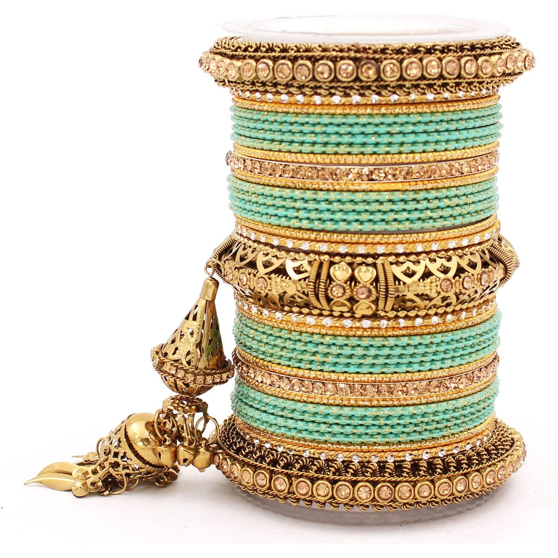Antique Jhumki Latkan Bangle set for Women by T4 Jewels Pista All Bangle Sets T4 Jewels