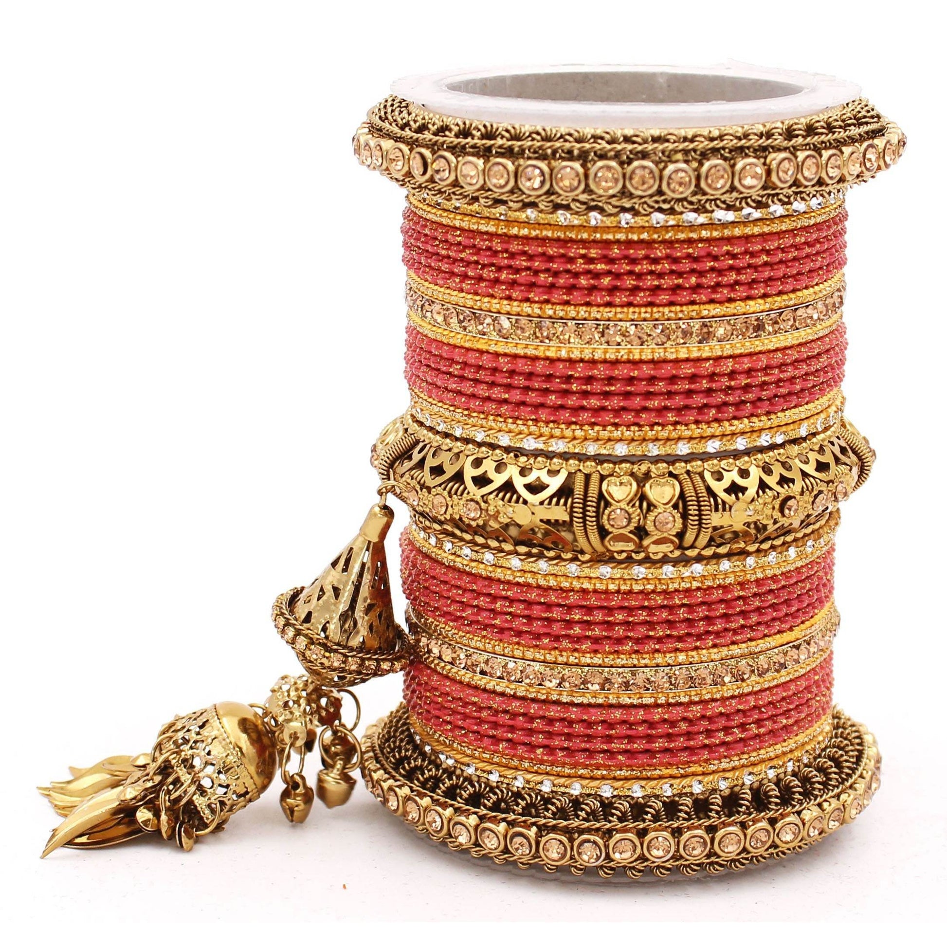 Antique Jhumki Latkan Bangle set for Women by T4 Jewels Red All Bangle Sets T4 Jewels