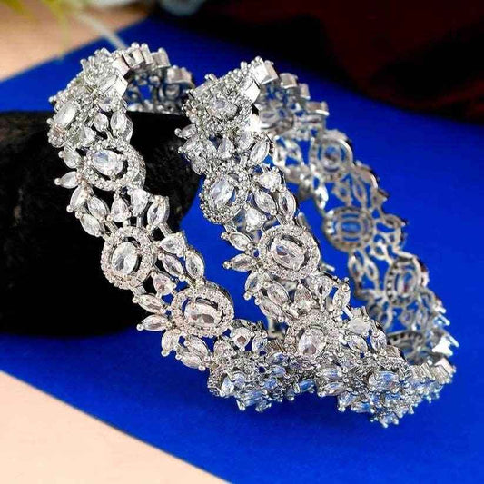 Set of 2 Silver Plated American Diamond Stone Bangles (AD-0011) AD Bangles T4 Jewels