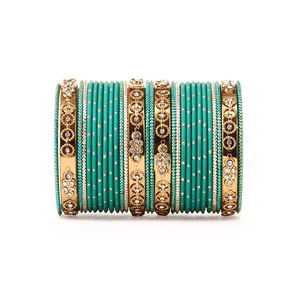 Traditional Bangle Set With Golden Dotted Bangles BY T4 Jewels Green All Bangle Sets T4 Jewels