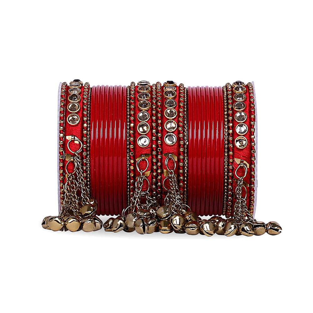 Traditional Ghungroo Bells Bangle With Silk Thread And Stone Red All Bangle Sets T4 Jewels