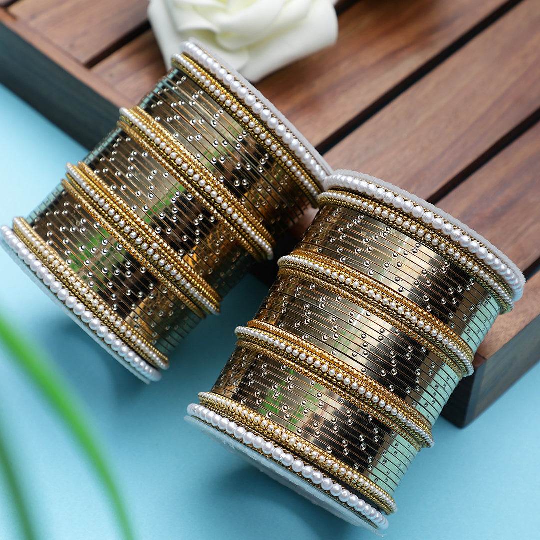 Metal Shining Bangle Set with Pearl Sides by T4 Jewels Golden All Bangle Sets T4 Jewels