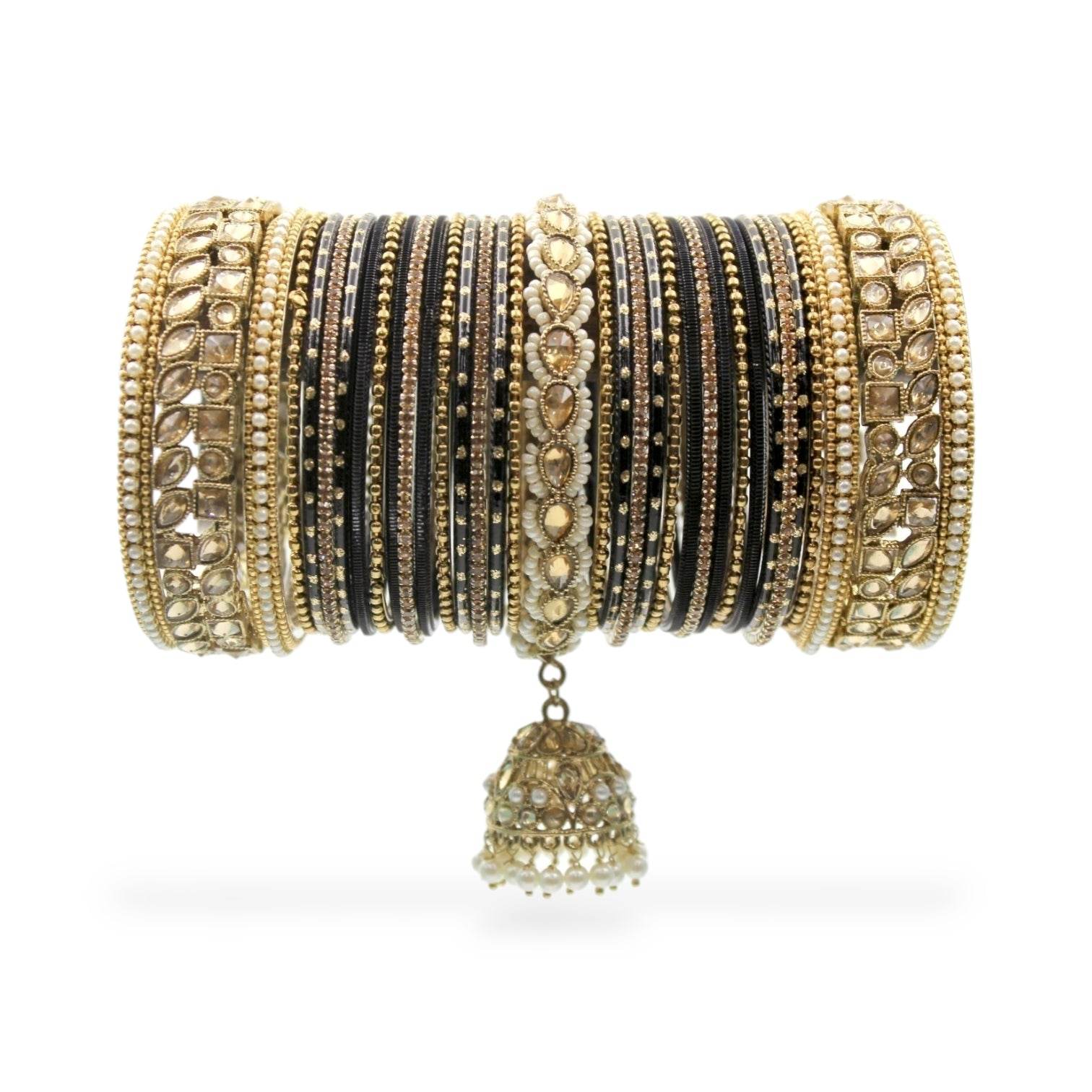 Colourful Jhumki Bangle set with Kundan Border Kada by T4 Jewels Black All Bangle Sets T4 Jewels