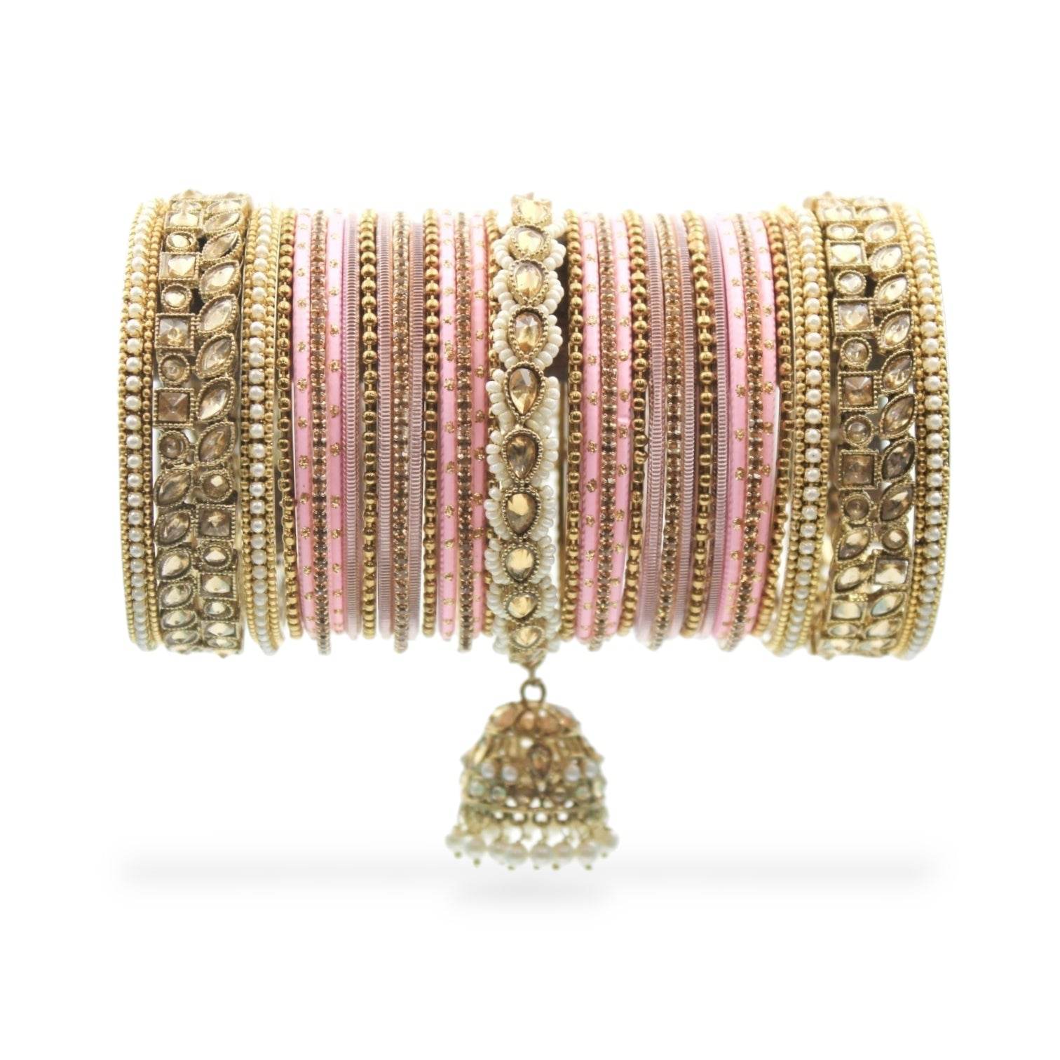 Colourful Jhumki Bangle set with Kundan Border Kada by T4 Jewels Pink All Bangle Sets T4 Jewels